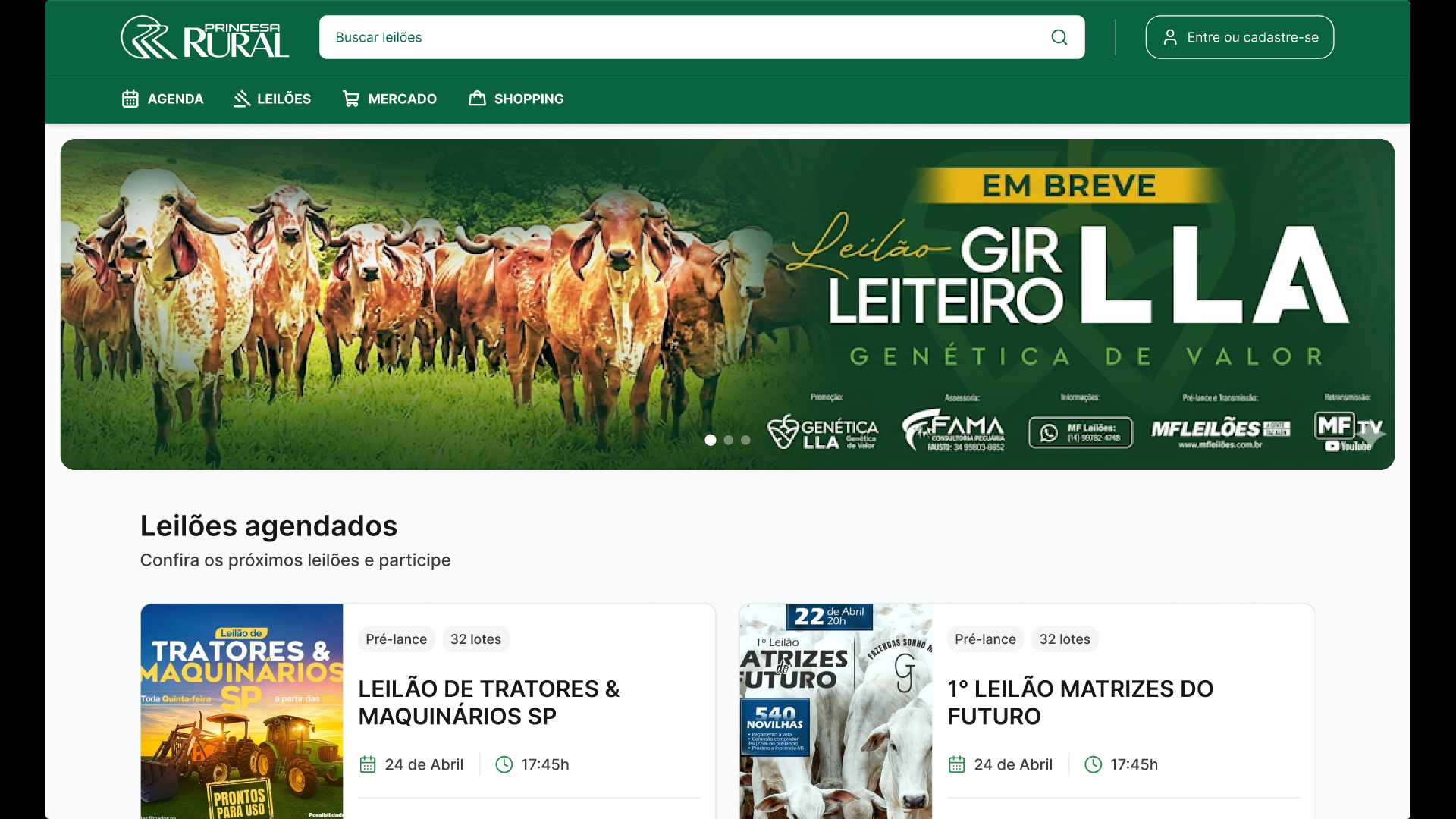 Página inicial do PR Leilões com leilão em destaque e agenda