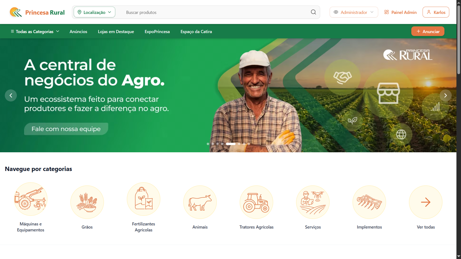 Página inicial do Princesa Rural com vitrine de categorias e hero do agro